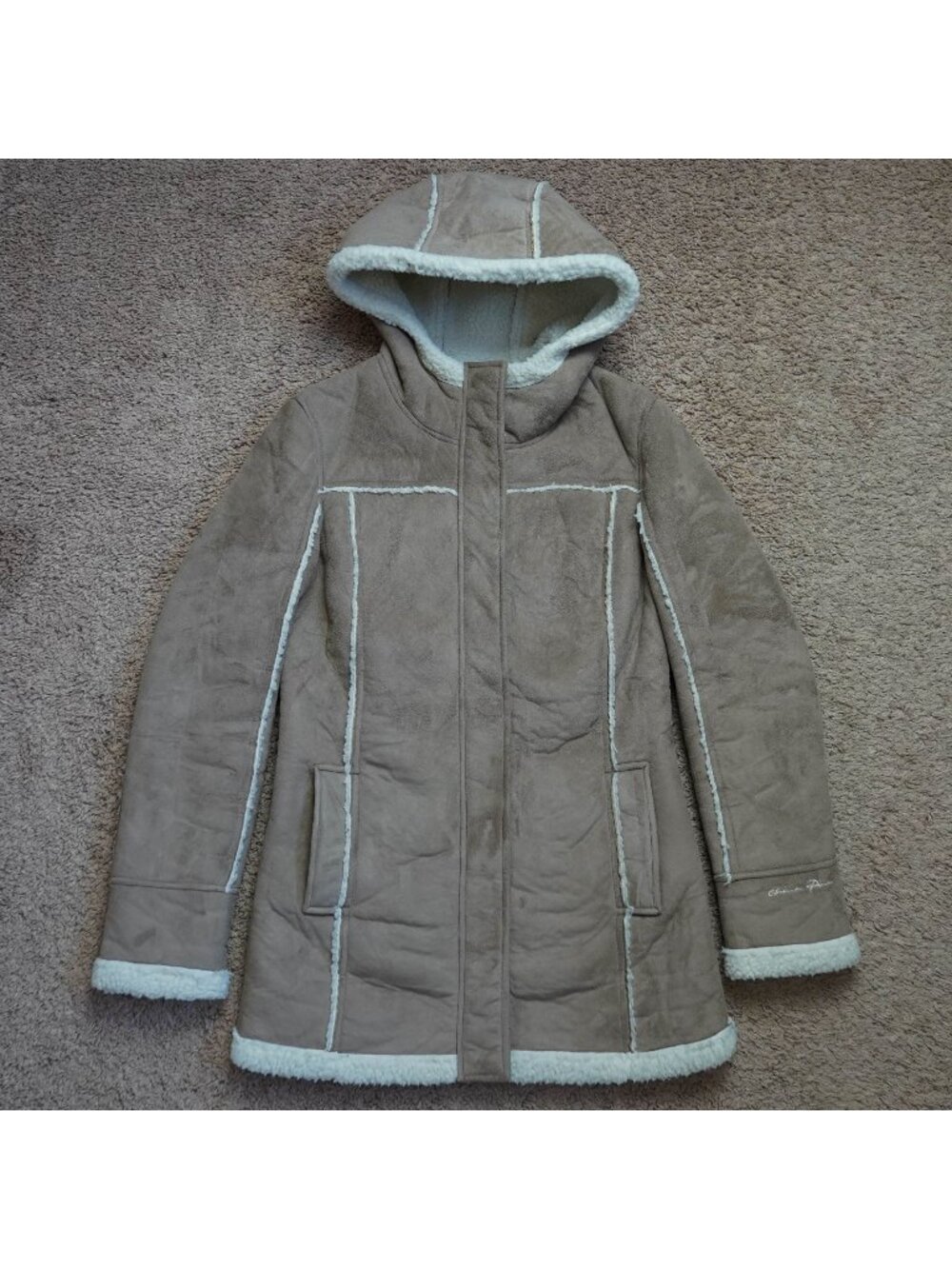 Think Pink Faux Shearling Coat Womens M Brown Hooded Sherpa Lined Jacket Suede